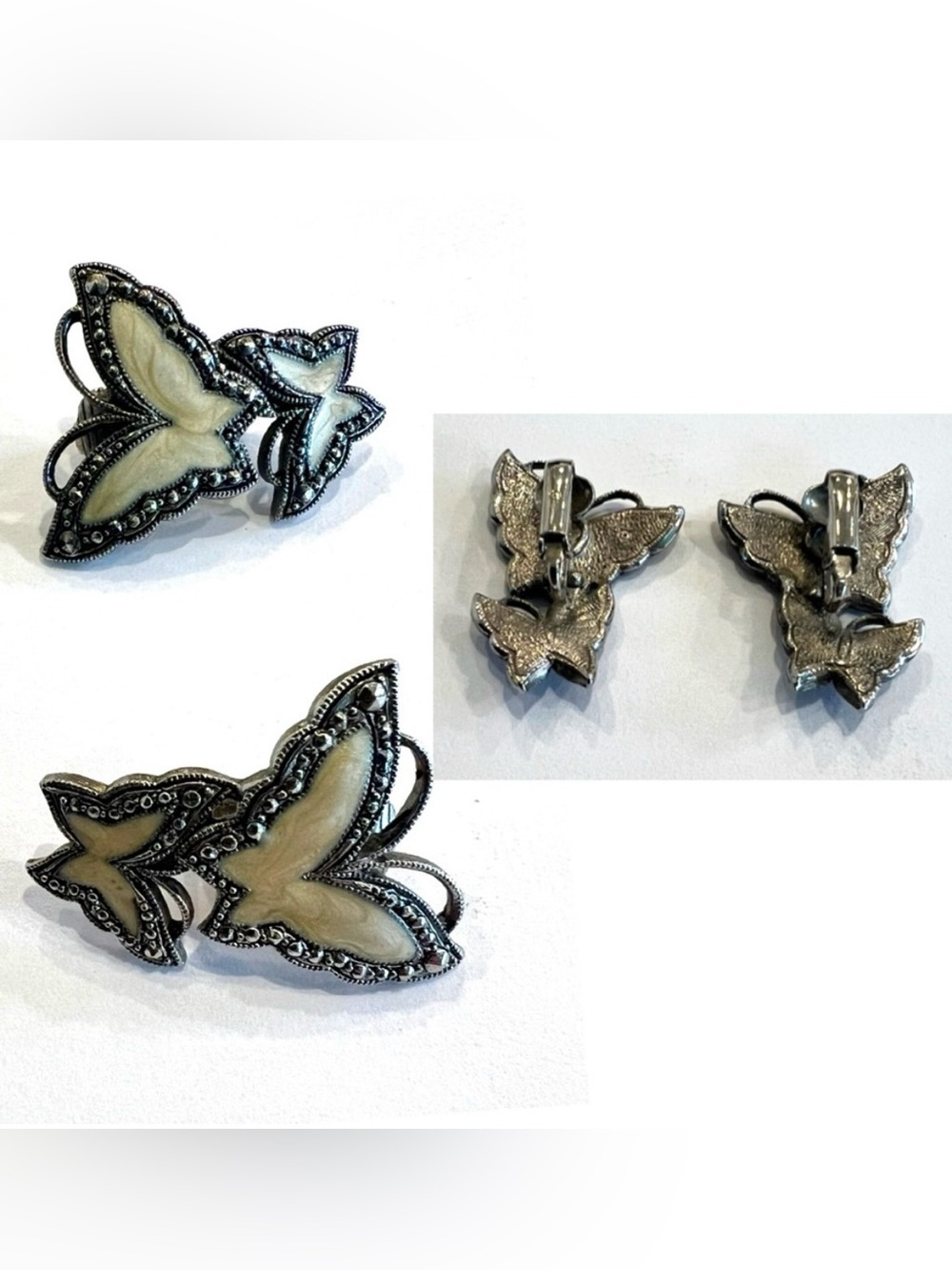 AVON WHISPERING WINGS Butterfly Clip-on Earrings Enamel Faux Marcasite Silver